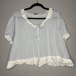 American Eagle Light Blue Stripe Lace-Trim Women's Top- XXL